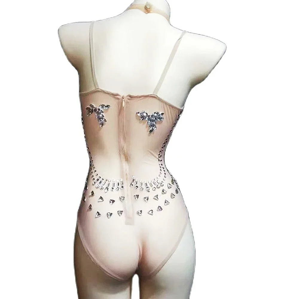 Body z odkrytymi plecami, na ramiączkach spaghetti, w kolorze nude, z efektem prześwitu, zdobione błyszczącymi kryształkami i cyrkoniami, seksowne, dla kobiet, odzież klubowa, kostium DJ-a, strój do tańca na rurze.