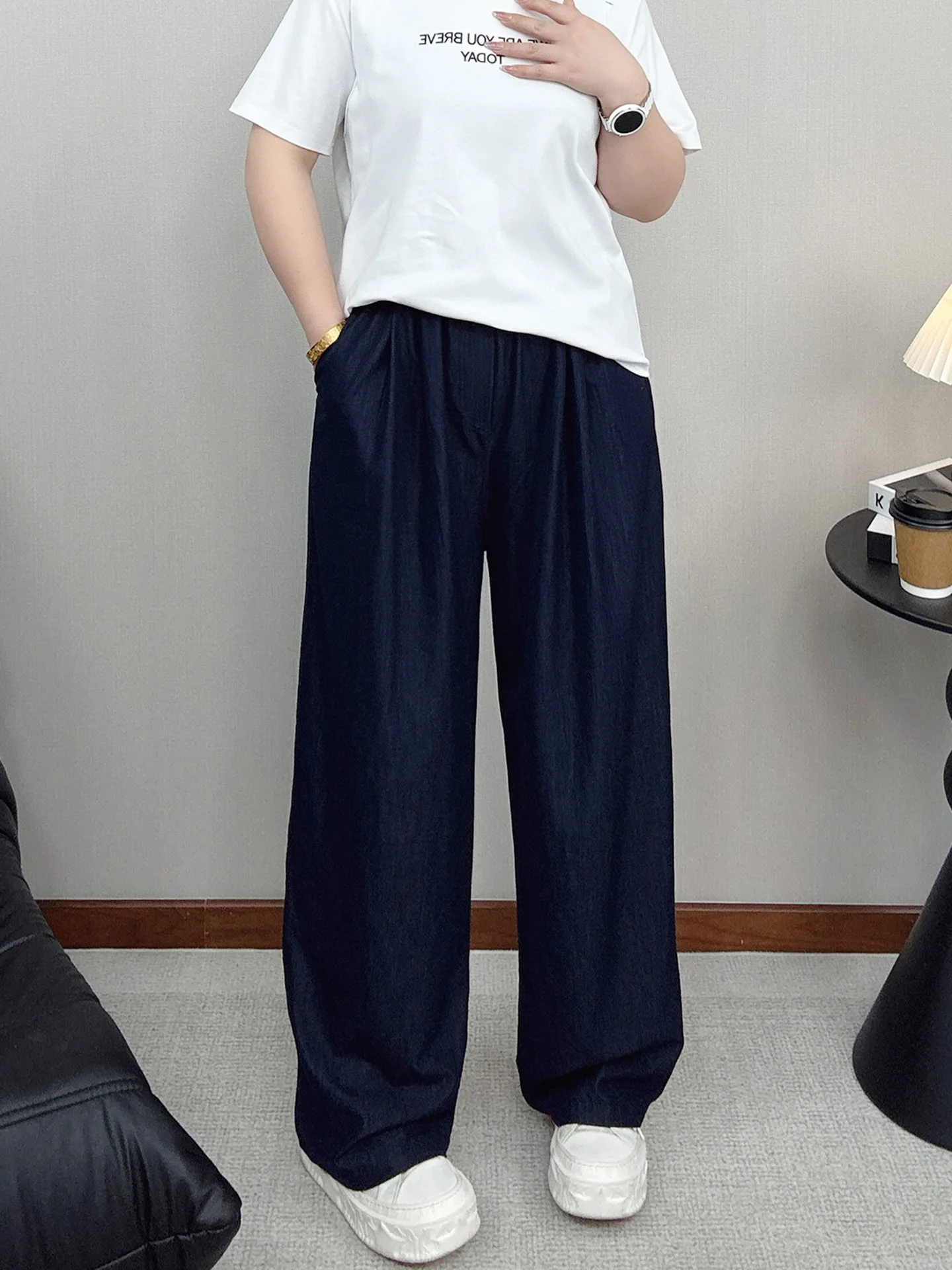 

plus Size Women's Summer Thin Straight Leg Denim Wide Leg Pants Elastic Waist Loose Slimming Casual Long Trousers