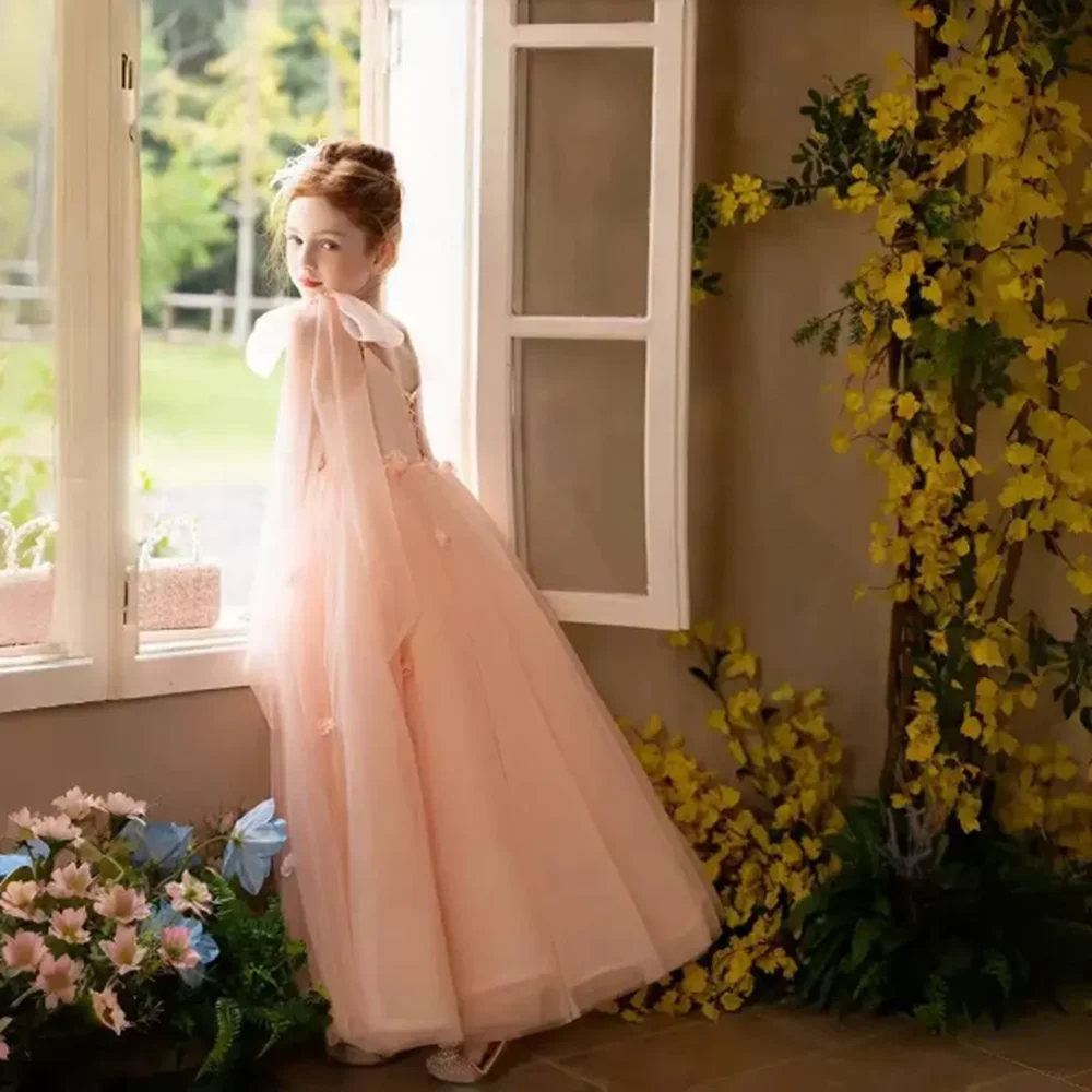 Vestido elegante de hada para niña, vestido de flores con rubor hecho a mano, vestido de princesa rosa con flores para niños, boda, cumpleaños, fiesta de comunión