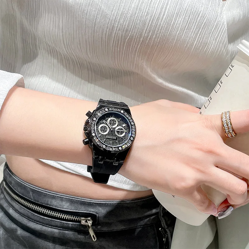 PINTIME Luxury Women Watch Silicone Strap Checkered Dial Simple  Fashion Rhinestone Alloy Case Quartz Wristwatch Calendar Reloj