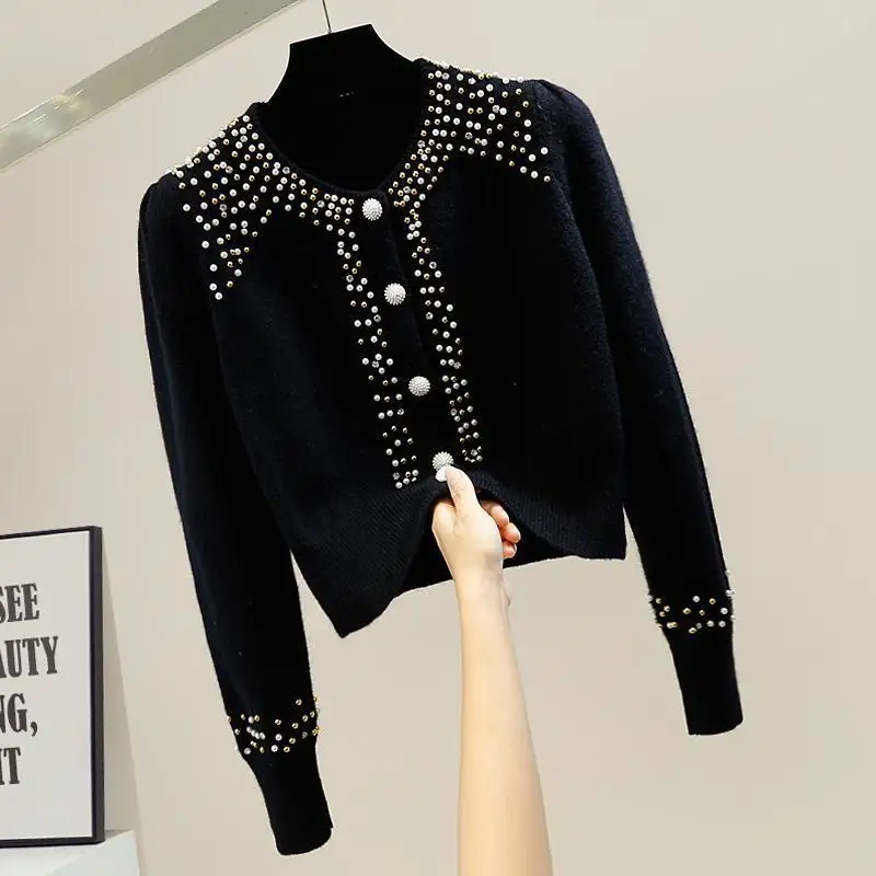 Fashion Women Long Sleeve Slim Cardigans Sweaters Korean Spring Autumn New O-Neck Diamonds All-match Solid Casual Knitted Tops