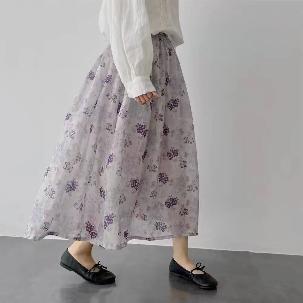 

Artistic Flora Print Jute A-Line Midi Skirt Women's Summer Floral f-length Skirts High Waist A-Line Gowns Long Skirts
