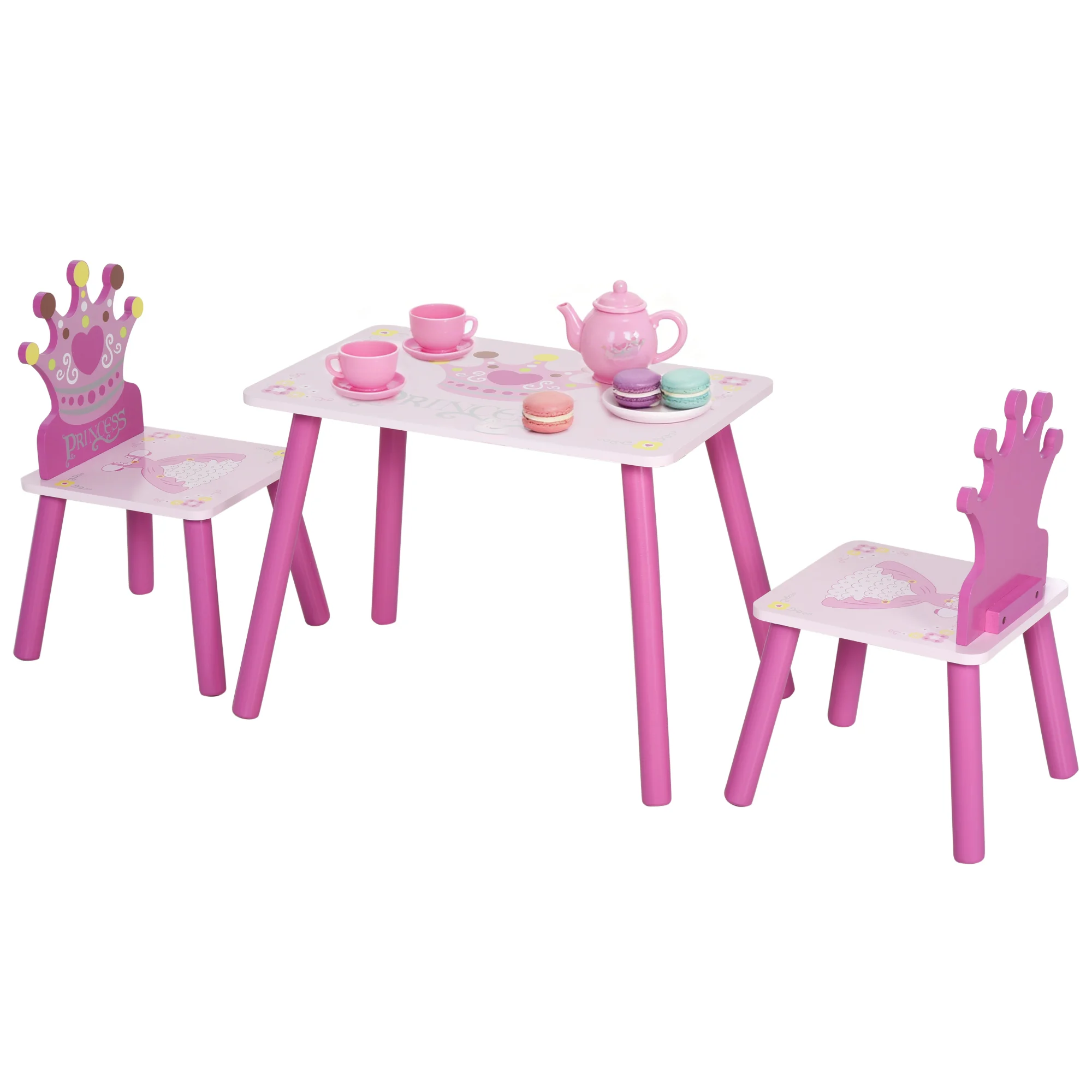 HOMCOM Ensemble table et 2 chaises enfant 3 pièces, pieds en bois massif, table enfant avec chaise motif couronne, pour filles e
