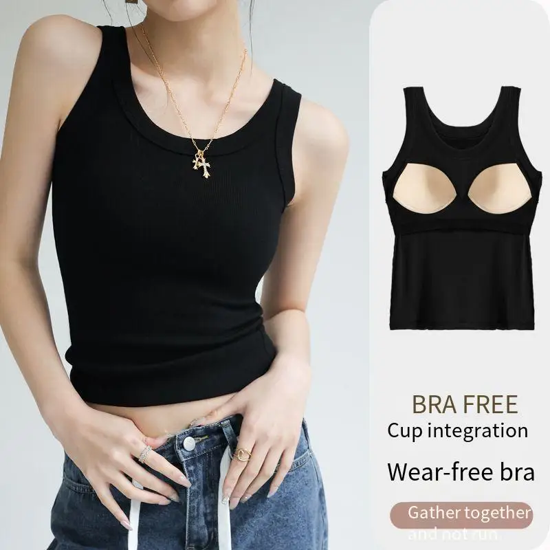 

New Women Solid Round Neck Ribbed Tank Top Camisole Women Summer Basic Elastic TankTop One-piece Vest with Chest Pad Y2k