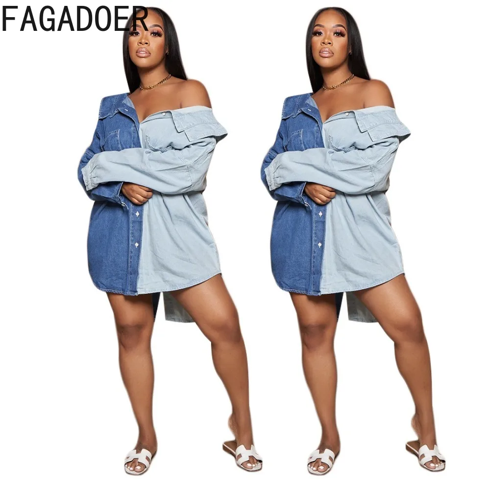 FAGADOER Fashion Denim Splicing Turndown Collar Button Shirt Dresses Women Long Sleeve Loose Irregular Vestidos Female Clothing