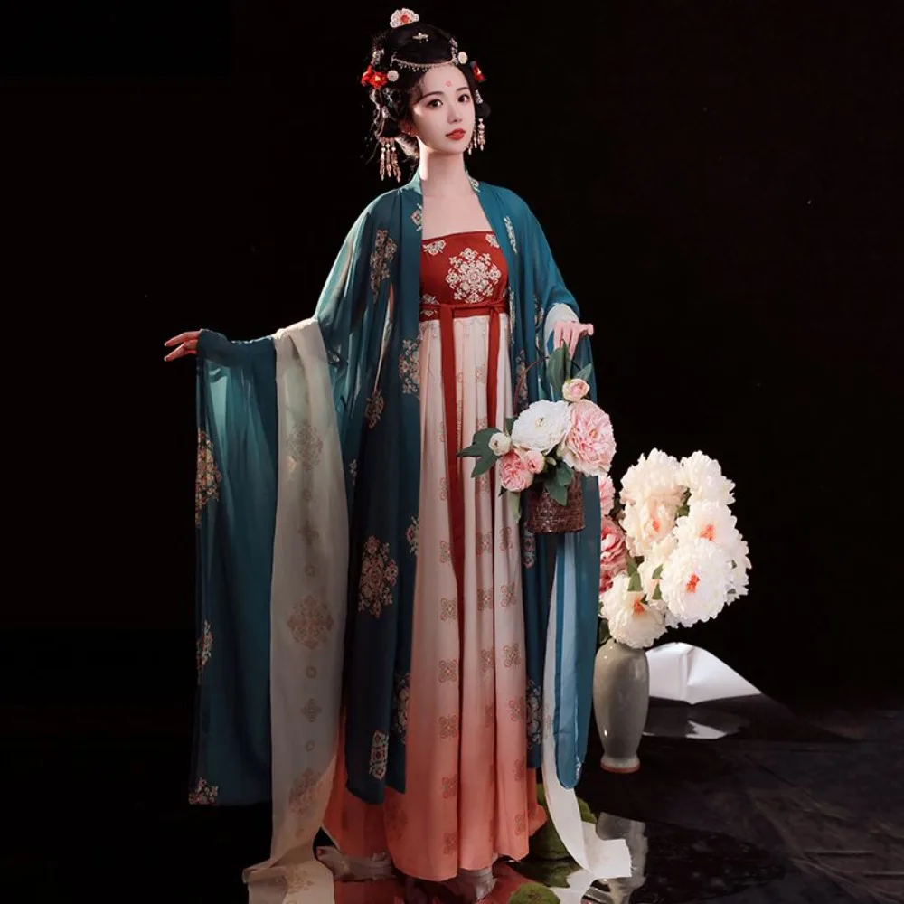 

Tang Dynasty Red Green Hanfu Set - Women's Wide Sleeve Top with Hezi Skirt Jiangnan Embroidery Chinese Costume