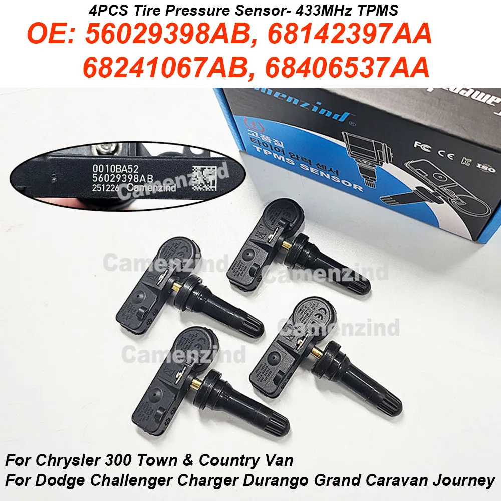 Capteur de pression des pneus TPMS 433MHz, 4 pièces, pour Chrysler 300 Dodge Challenger Fiat 500, 68142397AA, 68241067AB, 68406537AA
