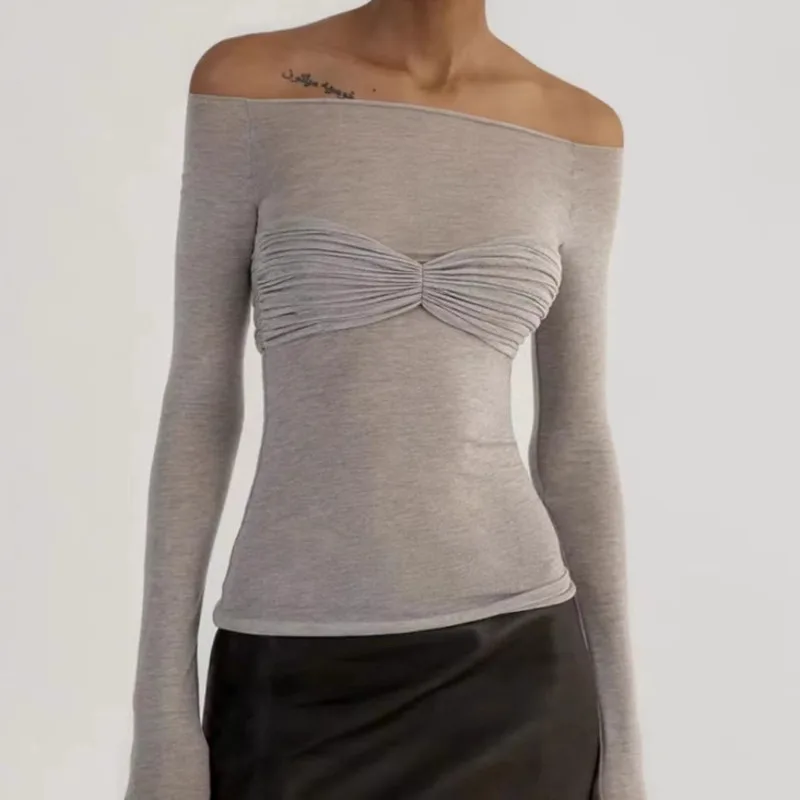 

Women Strapless One Shoulder Pleated Long Sleeved Knitted Sweater Fake Two Piece Layered Transparent Sexy Mature Lightweight Top