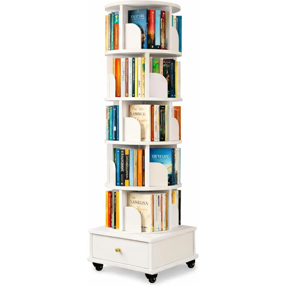 

6-Tier Revolving Wooden Bookshelf with Wheels, Warm White Finish, Ideal for Compact Spaces and Study Rooms