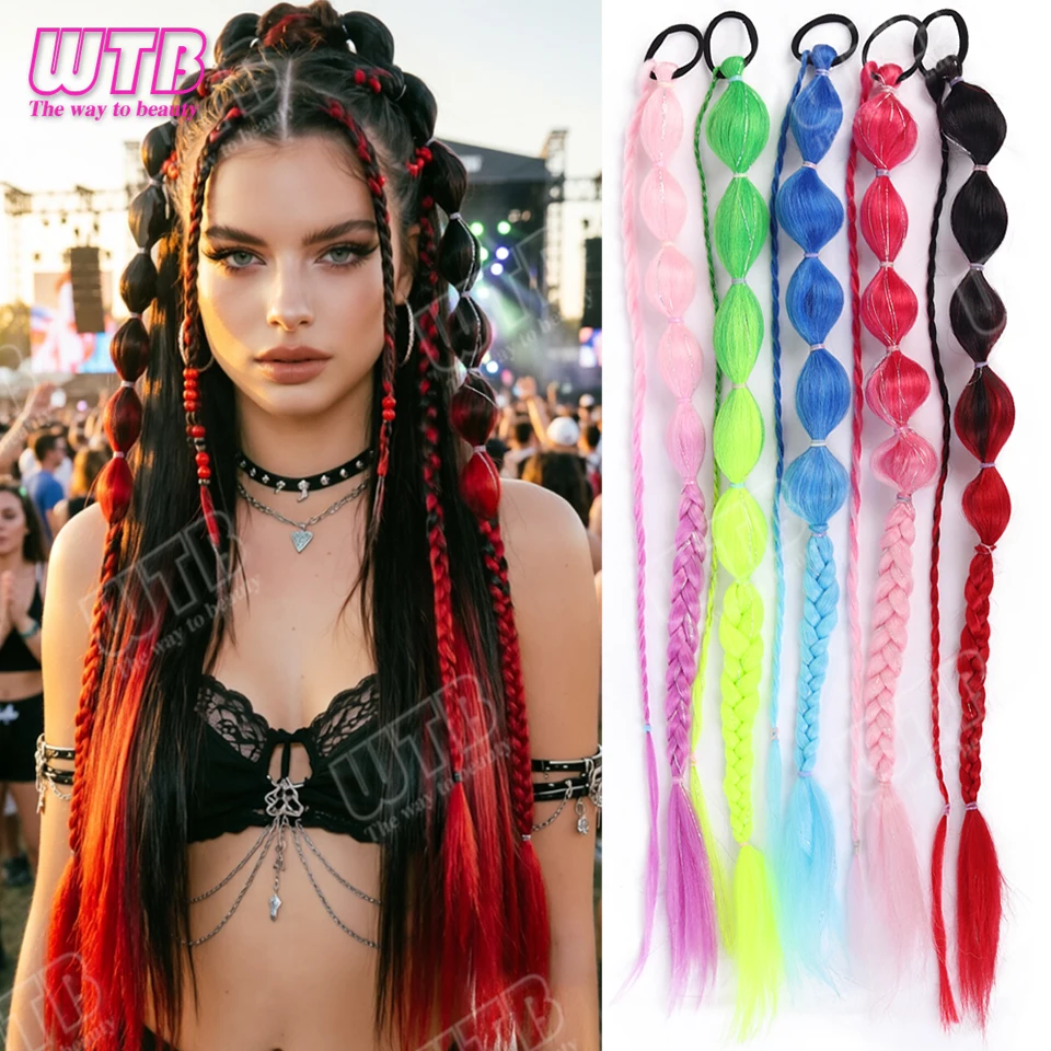 Colorful Bubble Braided Ponytail Synthetic Wig with Elastic Tie Volumizing Braided Wig Suitable for Women's Holiday Activities
