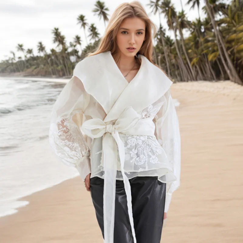 Fashionable 2024 Spring New Clothes Sexy Suit Collar Slim-fit Shirts Long Sleeve Lace-up Waist-tight Slimming Women's Tops