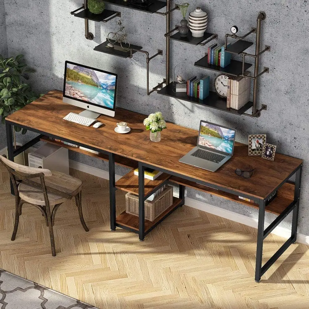 Two Person Desk With Bookshelf, 78.7 Computer Office Double Desk For Two Person, Rustic Writing Desk Workstation With