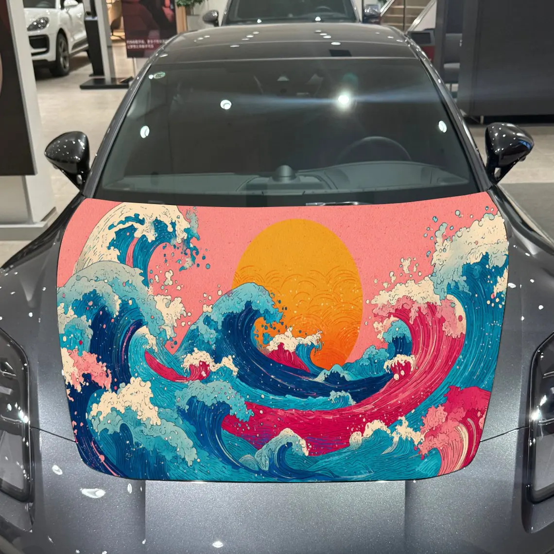

Pink Sky, Orange Sunset, Blue Waves PVC Car Hood Wraps, Self-Adhesive Waterproof Car Bonnet Decal Sticker, Car Decoration Protec