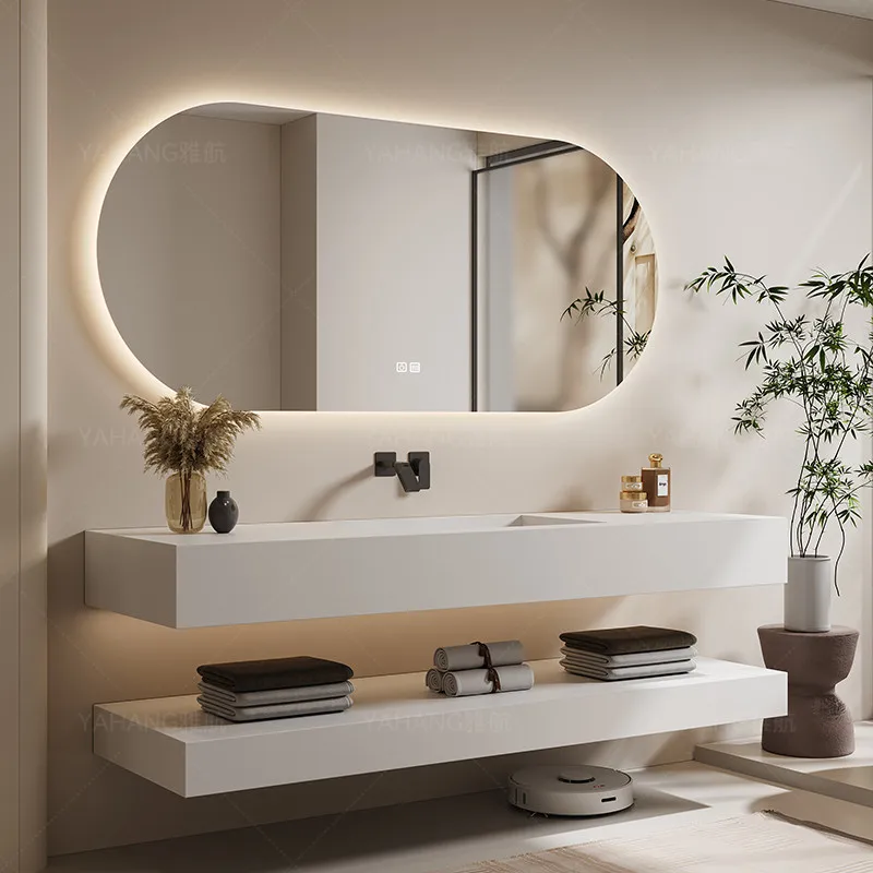 With Light Slanted Basin Bathroom Vanity Set with Integrated Stone Slab Single/Dual Basin Vanity Luxury Bathroom Smart Mirror