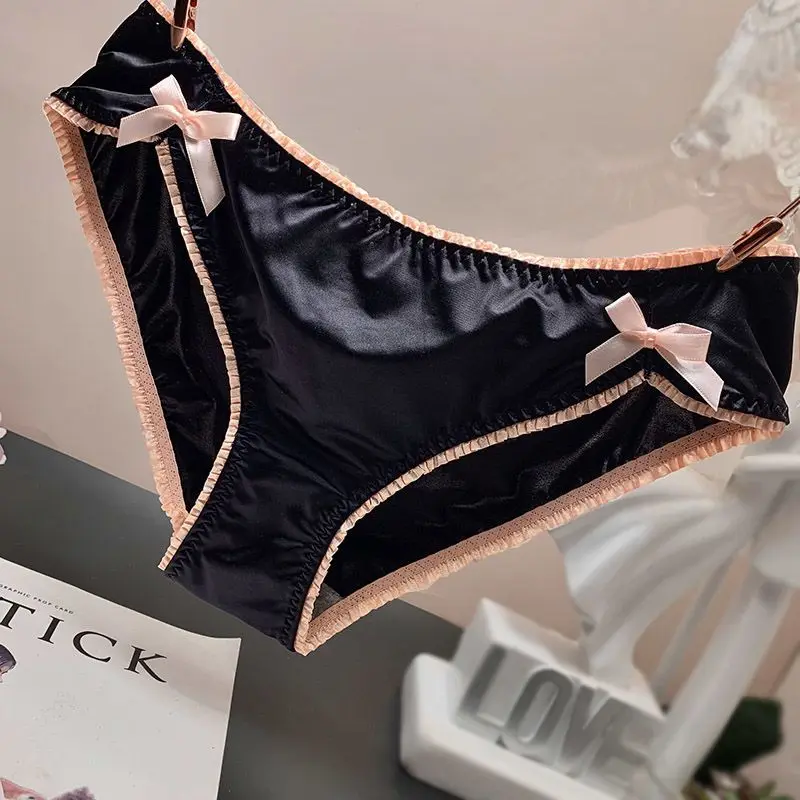 Japanese Women Panties Ice Silk Sexy Underwear Low Waist Triangle Panties Lace Bow Tie Design Luxury High-end Ruffles Lingerie