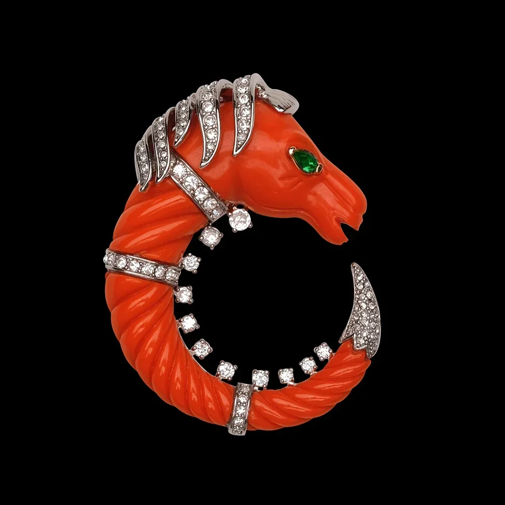 Amorita Boutique Copper Zircon Red Kingdom Seahorse Design Vintage Brooch