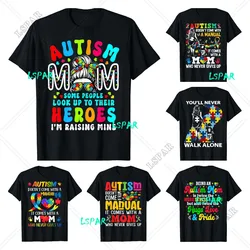 Autism Mom Raising Hero Groovy Messy Bun Autism Awareness T-Shirt Hiphop Oversized T Shirt Casual Four Seasons Streetwear Tees