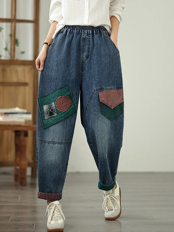 Waed out المطرزة اللون Blo Distred الدينيم الجينز حجم كبير المرأة عادية أبي هارلان السراويل فضفاضة تنوعا عالية الخصر #2