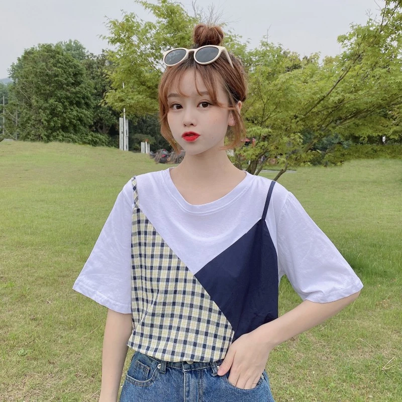 Kurzarm T-shirts Frauen Gefälschte Zwei Stück Tops Sommer Junge Student Mode Koreanischen Stil Ins Einfach Alle-spiel Patchwork Beliebt