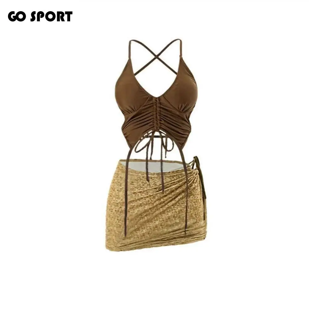 

Дизайн с открытой спиной, кофейный купальник, костюм с лямкой на шее, мини-стиль, треугольное бикини на шнуровке, комплект бикини для похудения, праздничная одежда