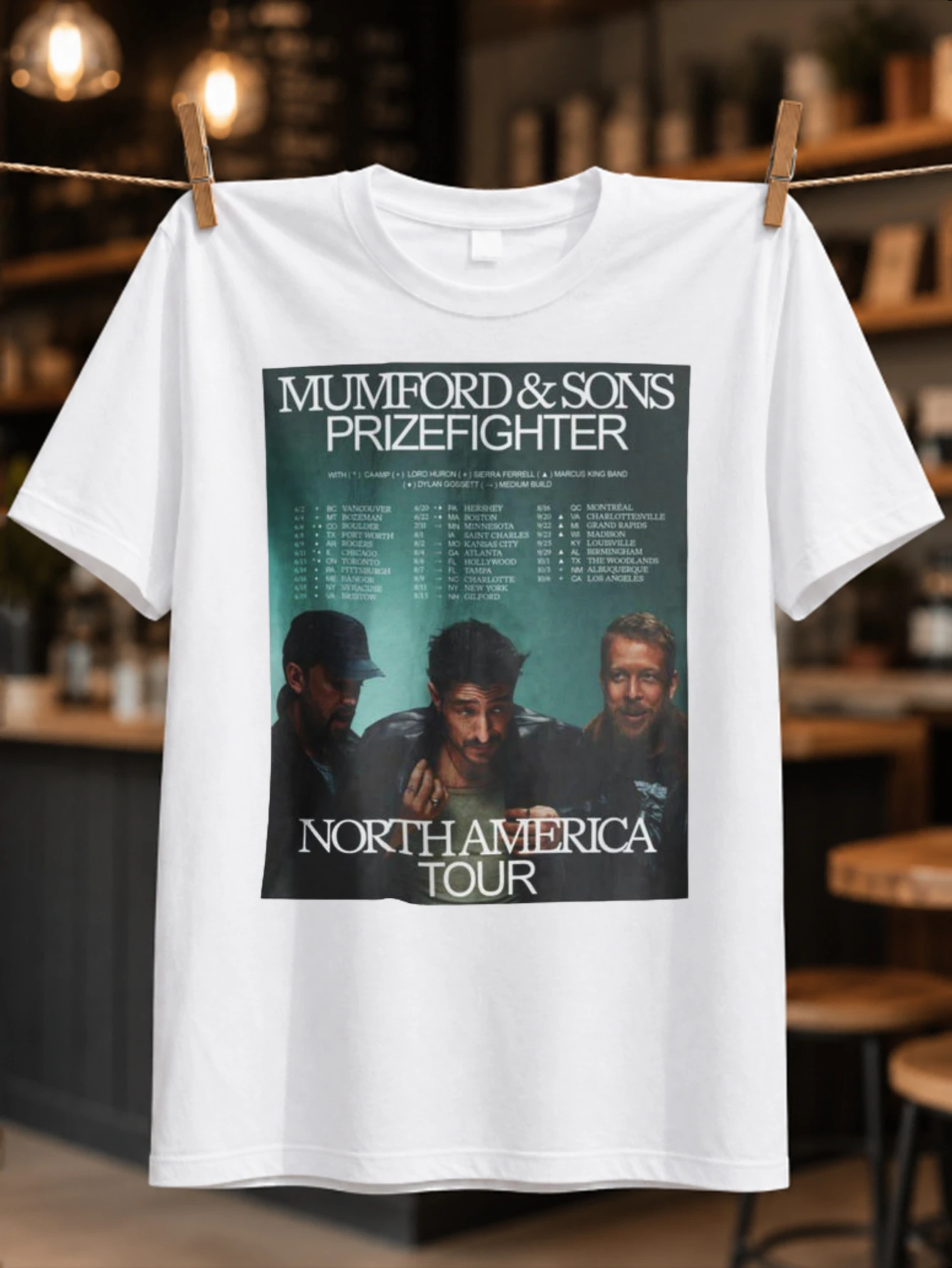 Mumford Prizefighter North America tour dates over dark band photo and serif lettering concert  Unisex All T-Shirt