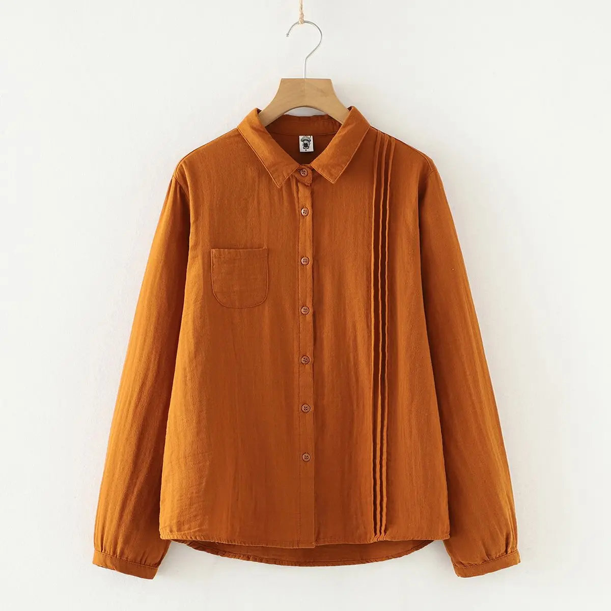 Spring Female Shirt Large Size Cotton and Linen Shirt Solid Color Long Sleeved Loose Lapel Collar Organ Pleats Bottoming Shirt