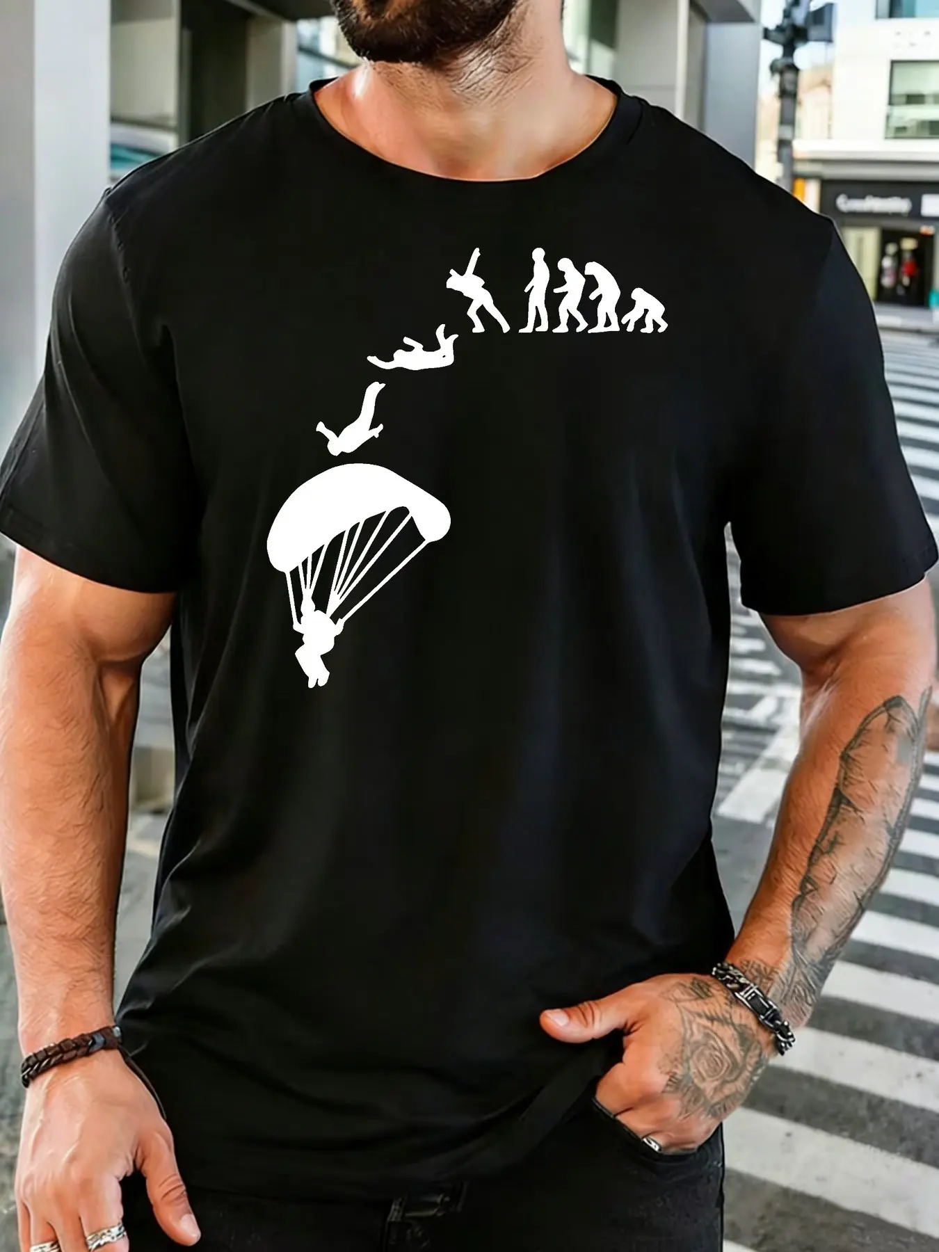 Human Evolution Skydiving Silhouette Graphic Mens Soft Cotton Short Sleeve Tshirt Loose Extreme Sports Lover Casual Street Tee