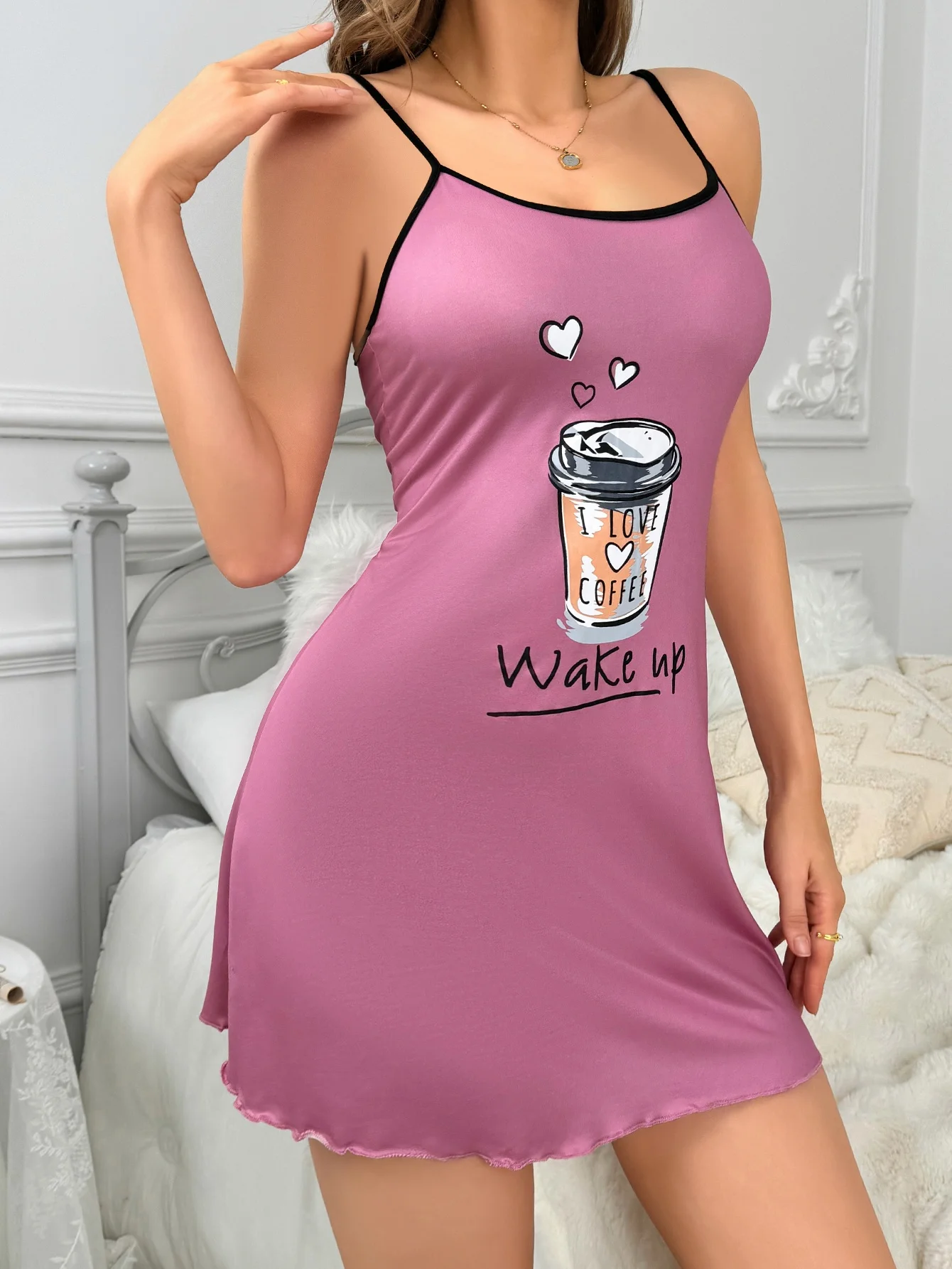 Women\'s new style halter pajamas Home wear casual pajamas casual skirt cute nightdress coffee pattern