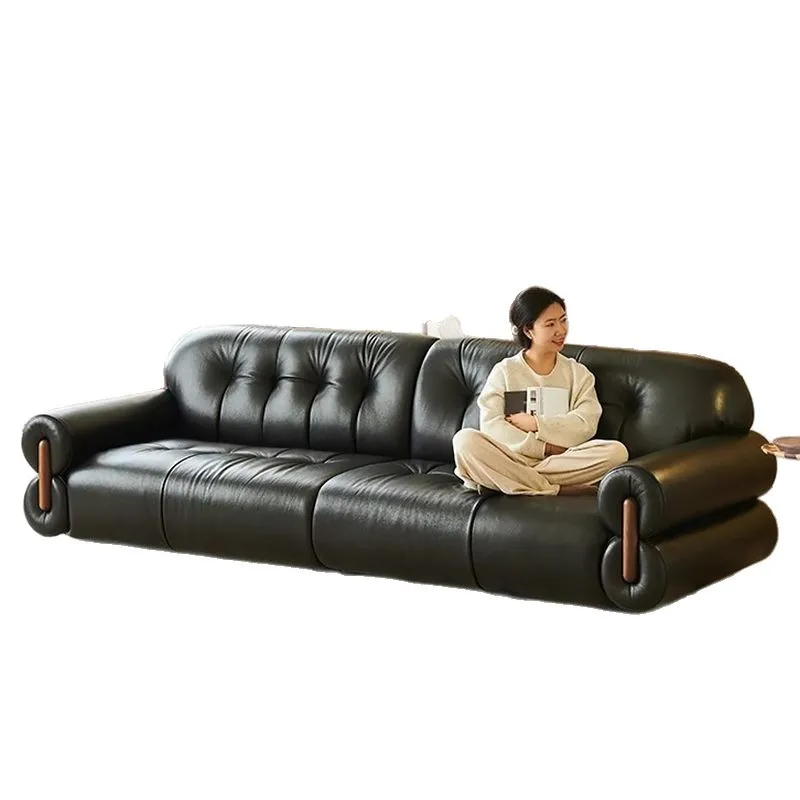 

Medieval style cloud cherry wood inline leather sofa living room light luxury top layer cowhide Italian minimalist leather sofa