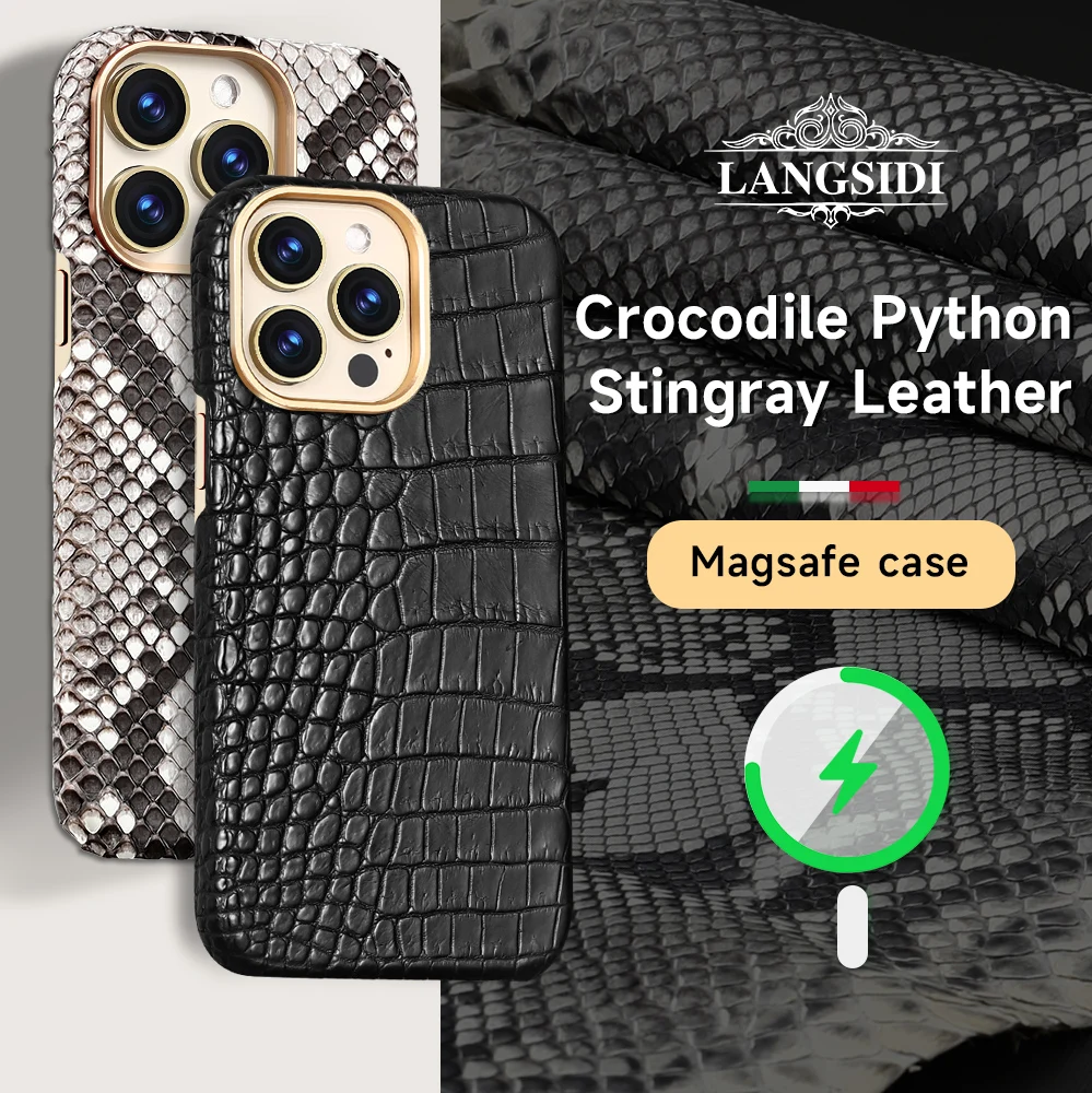 LANGSIDI Genuine Ostrich Crocodile Leather for Magsafe Case for iPhone 12 13 14 16 Pro Max 16Pro Luxury Magnetic Back Cover