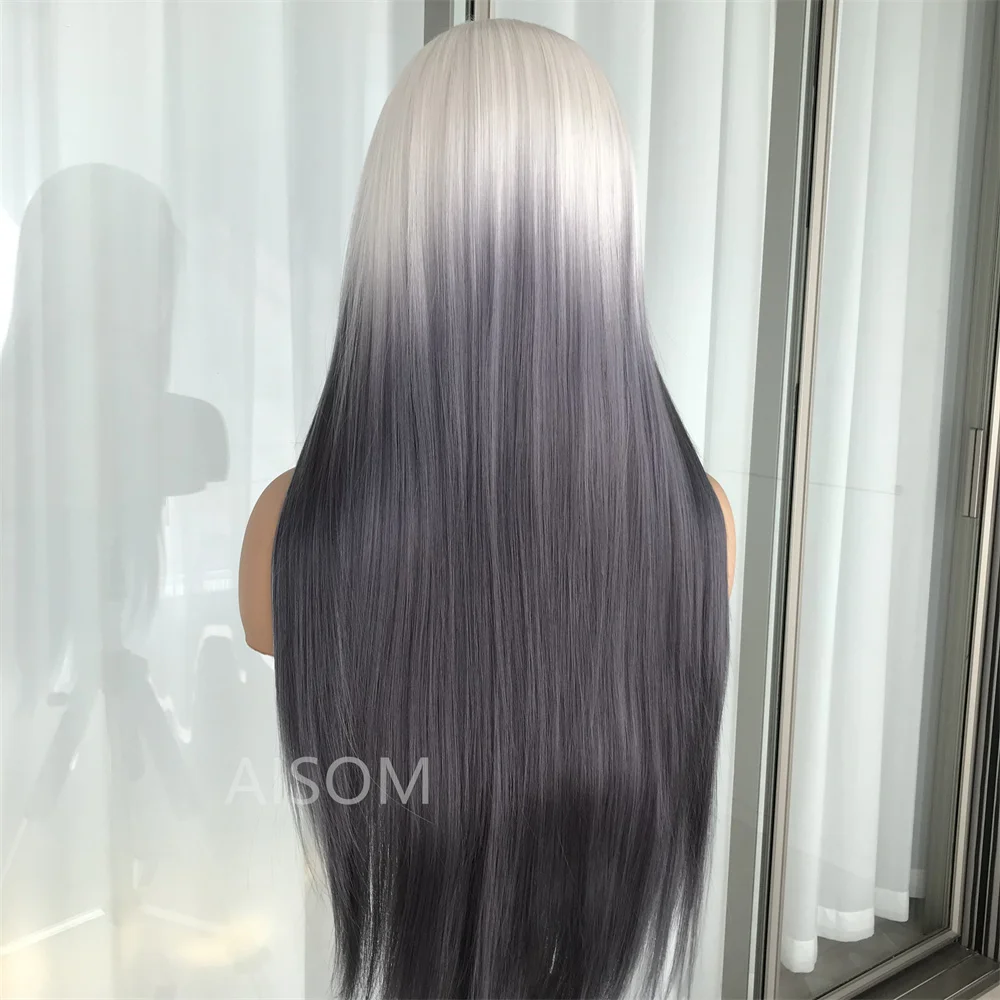 Ombre Blonde Grey Lace Front Wig Synthetic Hair Long Straight Glueless 13x4 Lace Frontal Wigs for Women Transparent Lace Daily