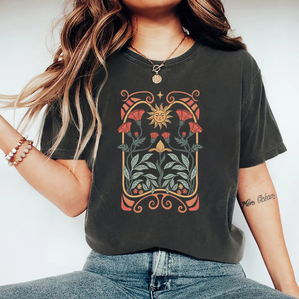 Boho Wildflowers Tshirt Boho Flowers T Shirt Women Short Sleeve T-shirts Vintage Casual Tops Floral Nature Tee Women Clothing