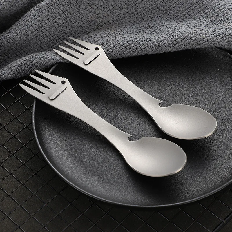 HDIRXG-Multifunction Portable Outdoor Titanium Tableware Set, Camping Spork, Spoon Can Opener, 3 in 1 Tourism Tableware Set