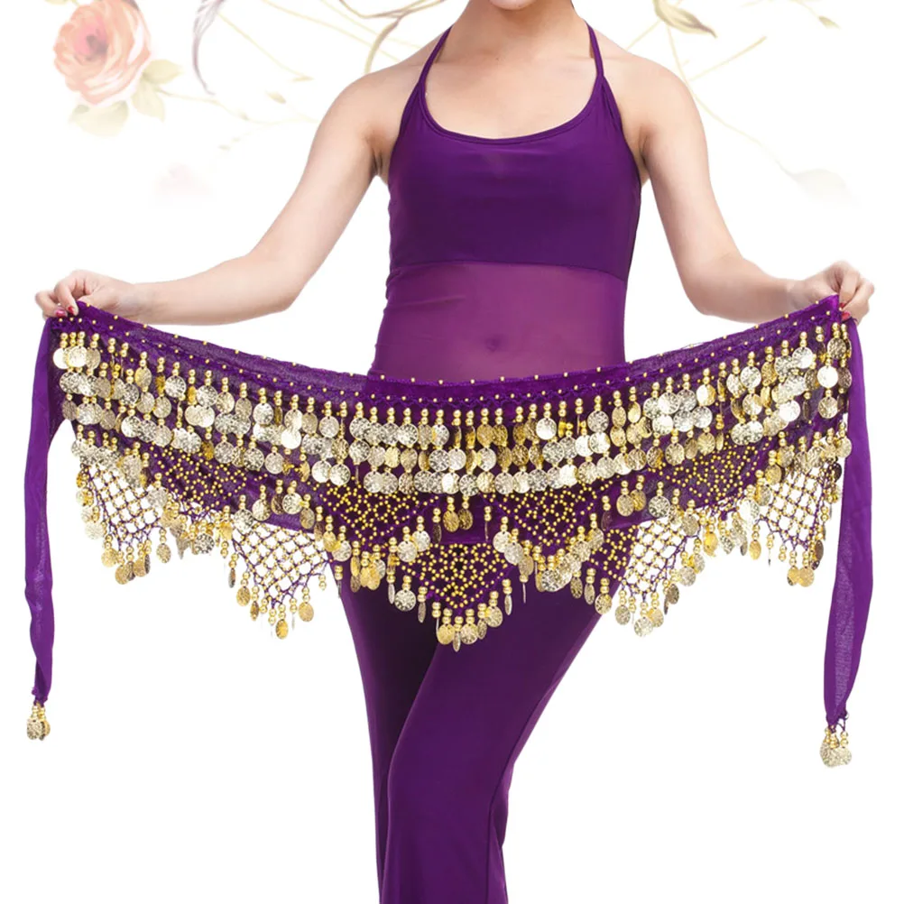 

Women Waist Chain Belly Dance Belt Crocheted Hip Scarf Coins Chiffon Wrap For Party Costume (Dark Purple Free Size)