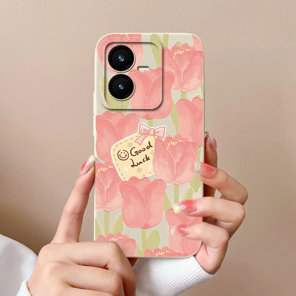 Cases For Vivo Y22 Y22S Flower Liquid Silicone Camera Lens Protection Phone Back Cover For VivoY22 Vivo Y 22 Y22 S Coque Bumper