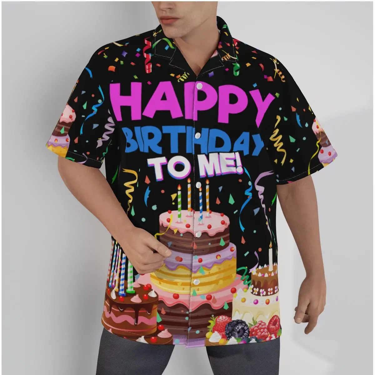 

Casual Shirts for Men and Women Birthday Theme Design Cake Print Beach Short Sleeve Summer Party Wear Button Up Tops 3D Shirts