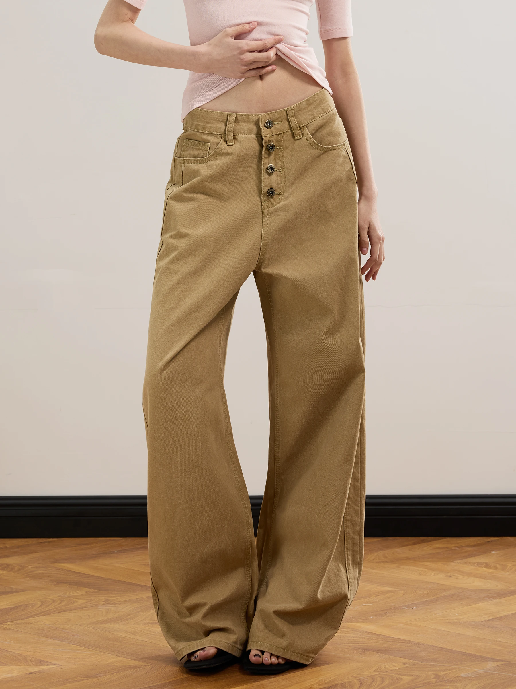 

Джинсы JUNECUT Retro Washed Khaki прямого кроя с пуговицами, свободные, универсальные, для повседневной носки, женские, свободный крой, размер L, на талии