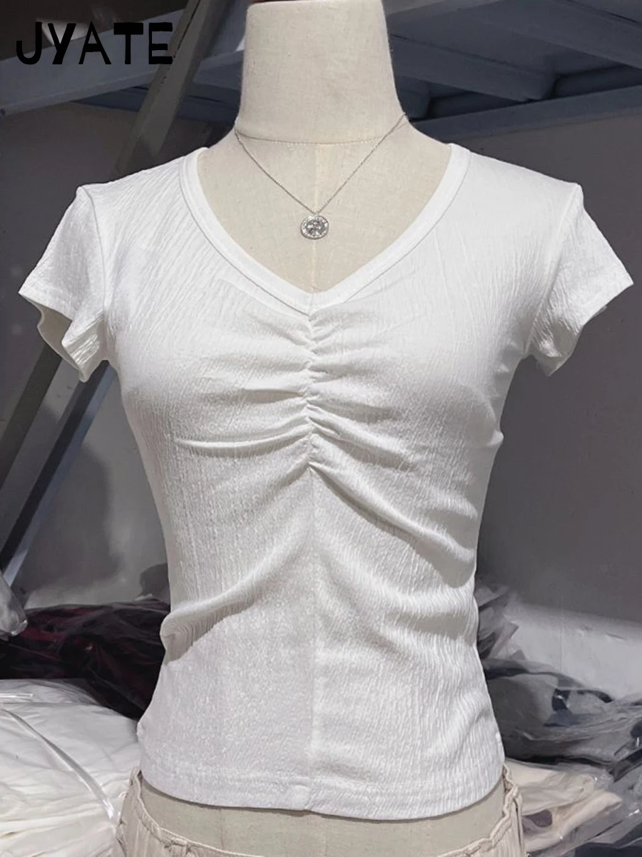 Witte Plooien V-hals Trekkoord Slanke T-shirts Vrouwen Zomer Nieuwe Katoenen Casual Korte Mouw Tees Zoete Leuke Vintage T-shirt Y2K Top