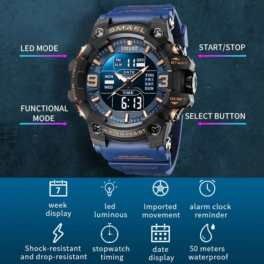 SMAEL Mens Watches Sports Digital Waterproof Clock Top Luxury Brand Dual Display Military Watch Men Wristwatch Relogio Masculino