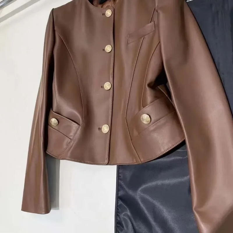 Veste en cuir véritable à col rond pour femme, vêtements à boutonnage simple, décoration de poche, manteau de printemps et d'automne, haute qualité