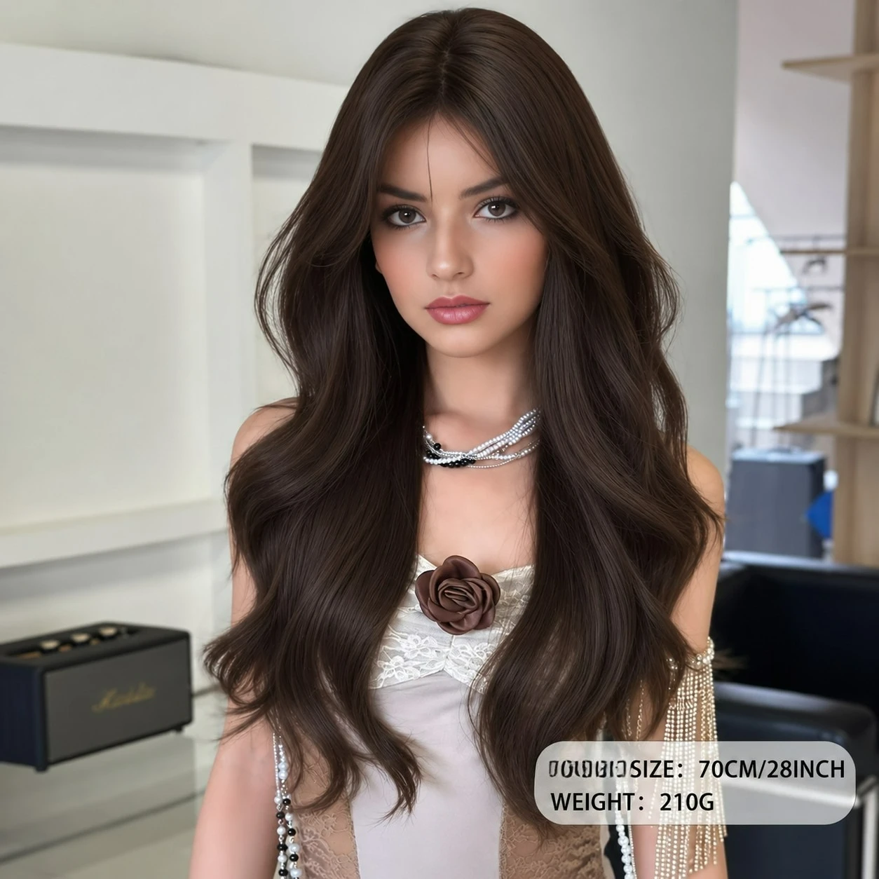 Chocolate dark brown long curly wig, women's medium layered big waves, natural fluffy daily commuter party fashion look