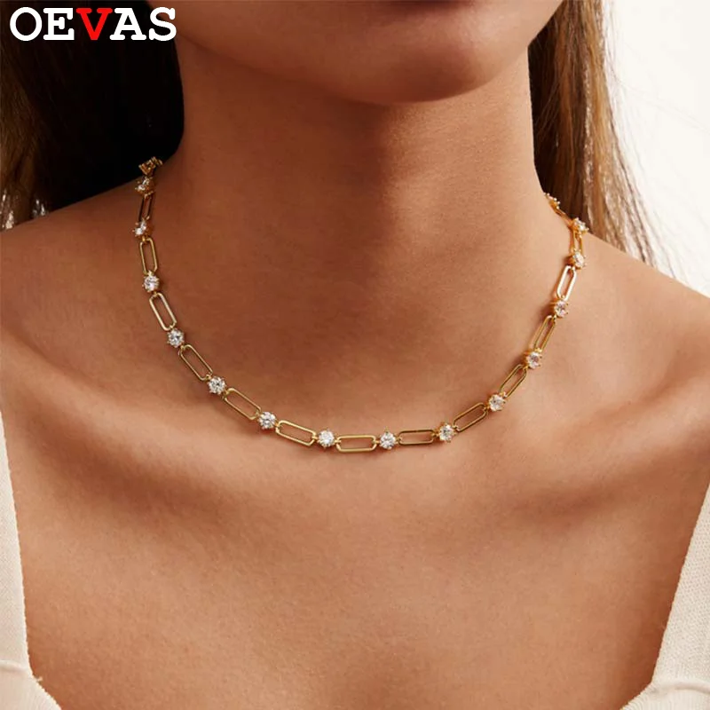 

OEVAS 100% 925 Sterling Silver 4MM Round Moissanite Collarbone Chain Necklace for Women Sparkling Wedding Party Fine Jewelry