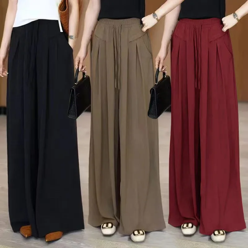 Ice Silk Wide Leg Pants Women's New Style Drapey Loose plus Size Cool Casual Trousers Mosquito Proof Sun Protection Mid-aged ...