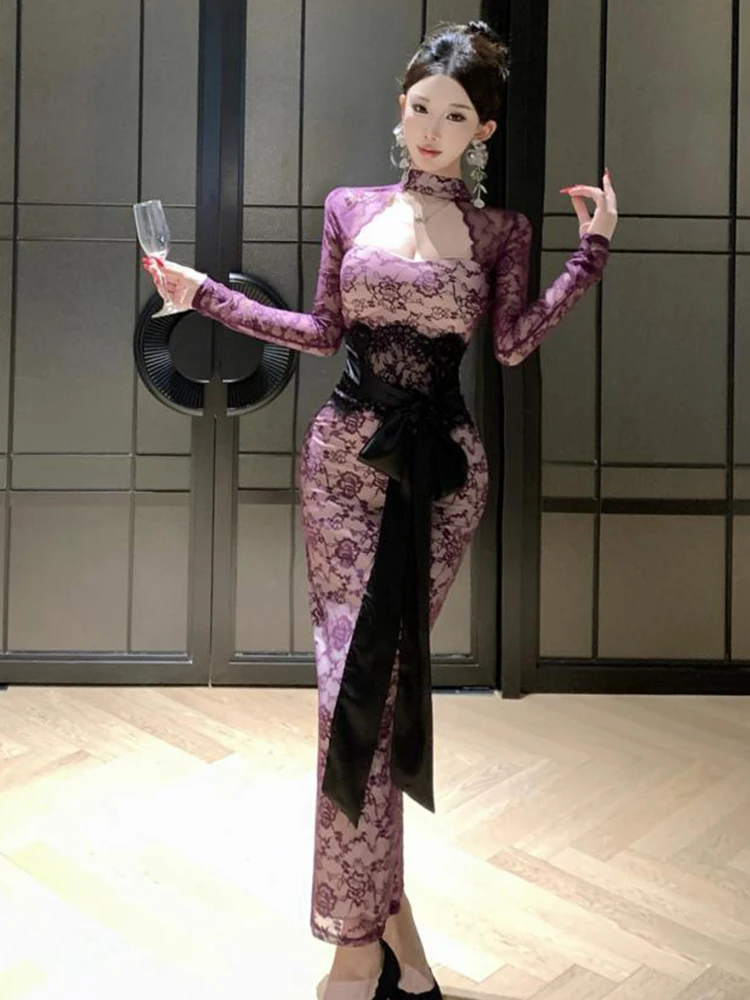 Fashion Women Lace Evening Gown Sheer Cutout Sexy Long Sleeve Bow Belt Bodycon Maxi Long Dress Cocktail Party Prom Robe Vestidos