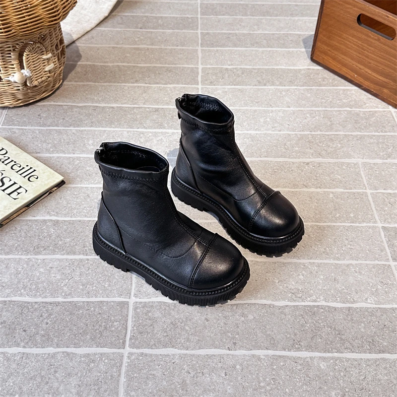 بسيطة الأطفال منصة أحذية قصيرة موضة جديدة الفتيات الأحذية الجلدية الكلاسيكية المدرسة عودة زيبر الاطفال حذاء من الجلد الأسود غير رسمي