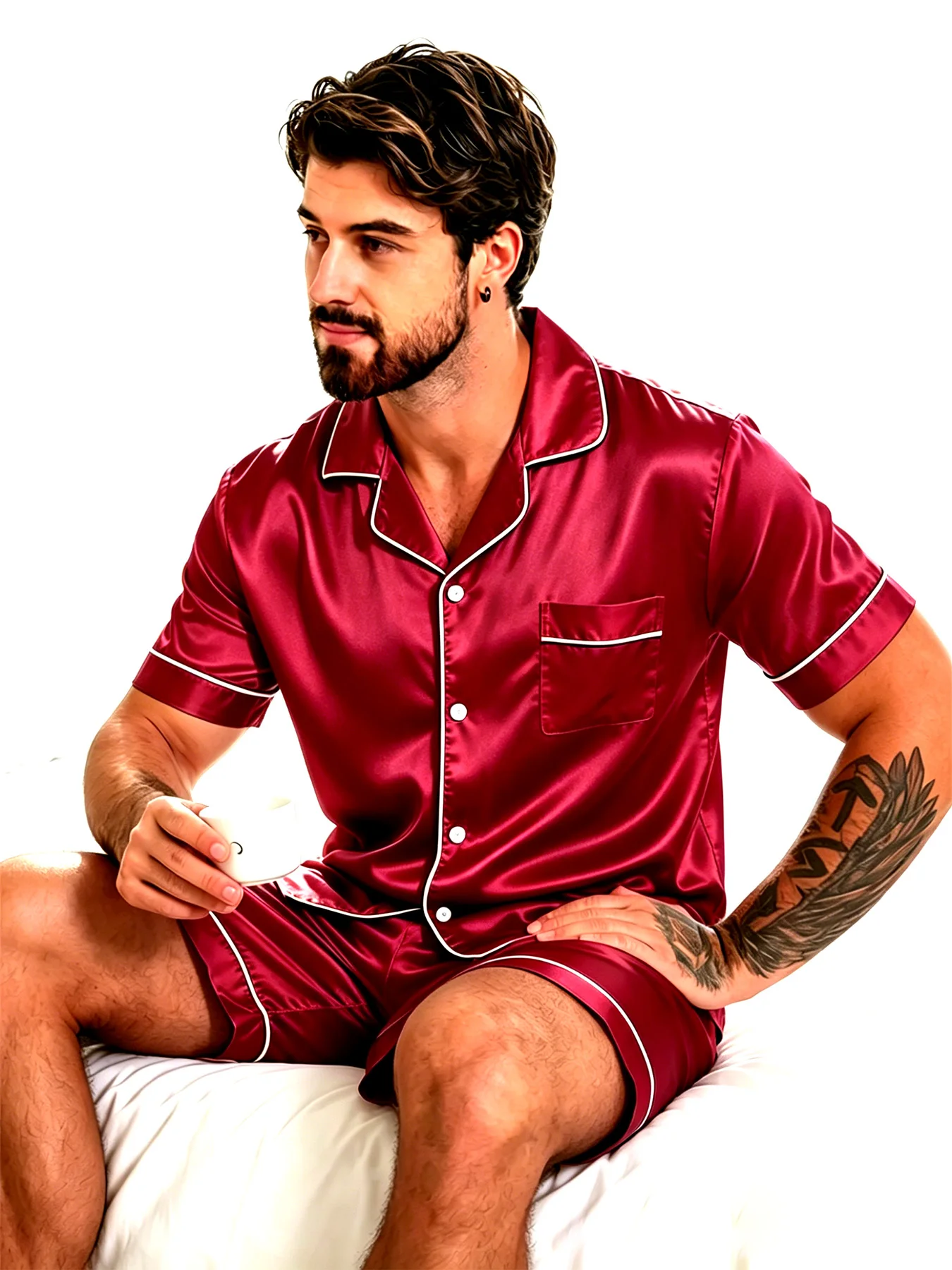2 pçs/set conjunto de pijamas masculinos para o verão preto manga curta botão para baixo camisa superior & shorts pijamas loungewear shorts terno pijamas