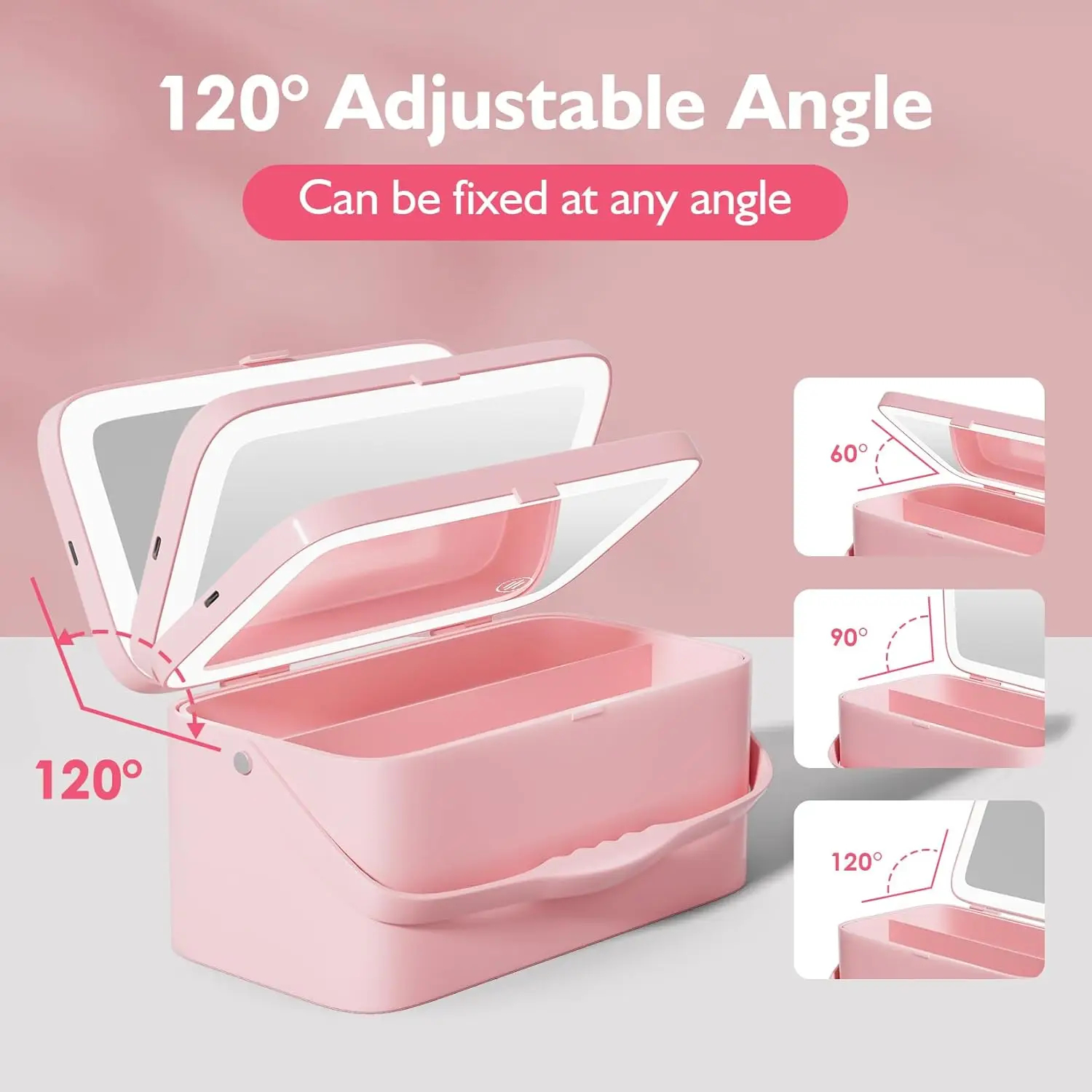 ミラー付きメイクアップケース 3色照明付きメイクアップミラー ミラー付きメイクアップボックス DIYパーティション コンパートメント付き充電式