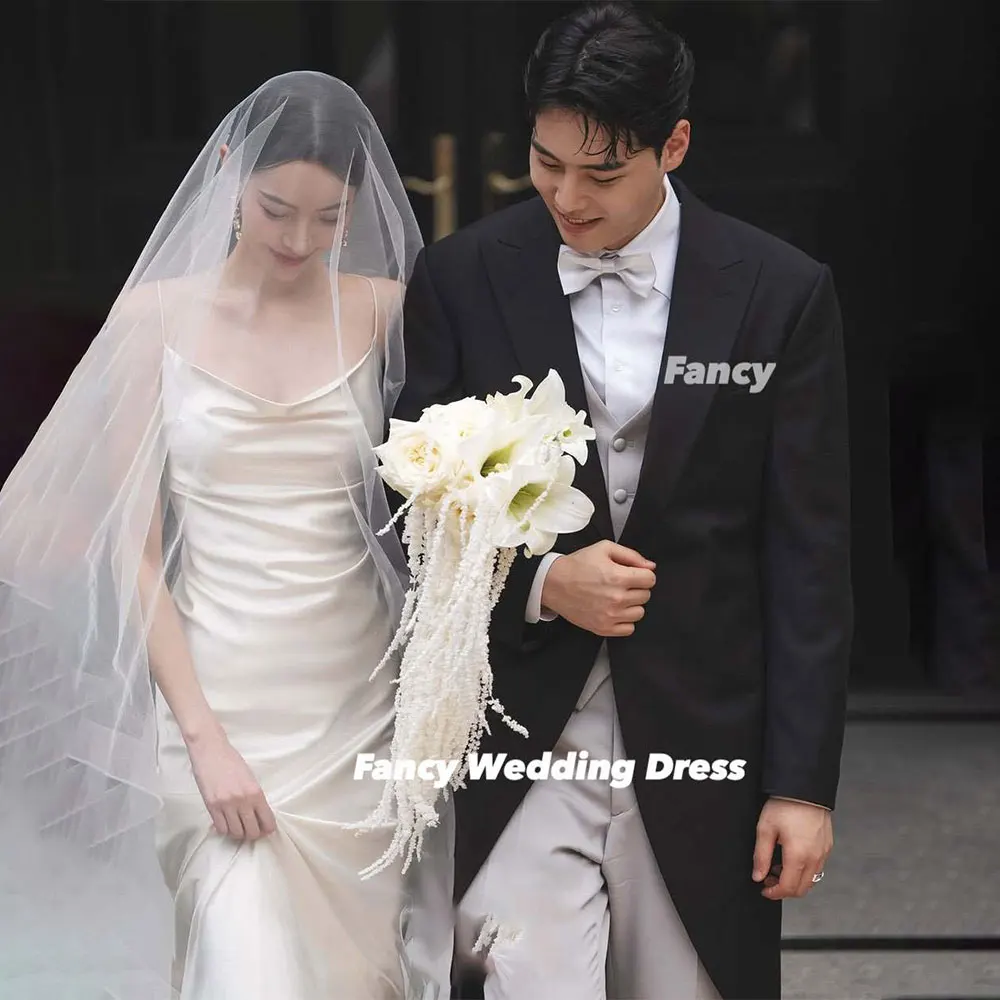 Fancy High Quality Spaghetti Straps Wedding Dress Korea Photo Shoot Mermaid Imitation Silk Evening Dress Customized