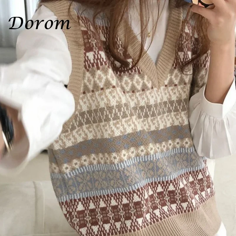 Vintage Argyle V-neck Knitted Sweater Vest Women Autumn Korean Sleeveless Loose Pullover Casual Oversized Waistcoat Female Tops