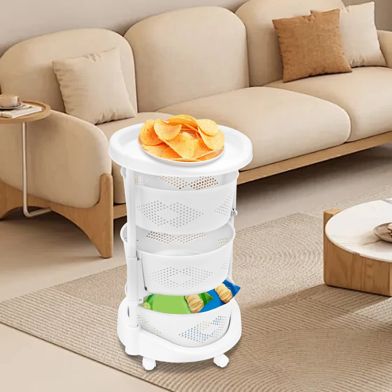

3 Tiers Kitchen Storage Basket Cart, Rotating Shelves Rack with 5 Universal Wheels(2 with Brakes) for Living Rooms, Kitchens